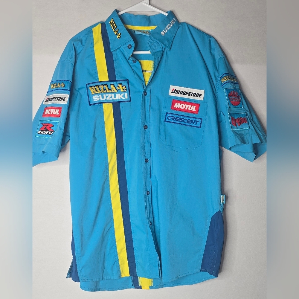 OFFICIAL SUZUKI RIZLA+ BLUE COTTON MOTO RACING BUTTON JERSEY SHIRT SZ LARGE MENS